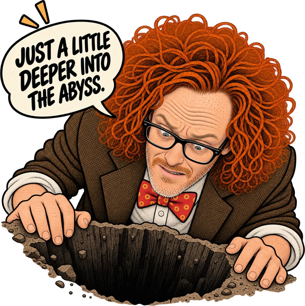 Illustration: peering over the edge of a deep hole, thinking “Just a little deeper into the abyss.”