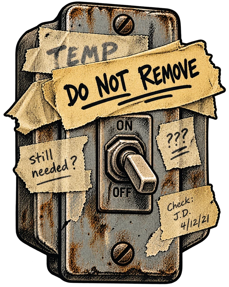 Illustration: a rusted light switch buried under strips of masking tape, hand-lettered “TEMP”, “Do not remove”, “Still needed?”, “???” and “Check: J.D. 4/12/21”