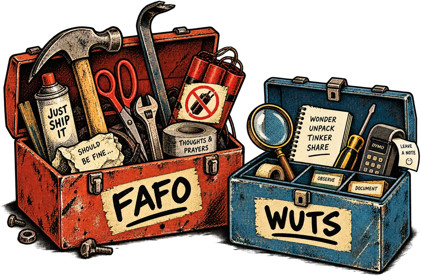 Illustration: two open toolboxes. The red one is labelled “FAFO” and holds a hammer, crowbar, scissors, dynamite and notes reading “Just ship it”, “Should be fine...” and “Thoughts & prayers”. The blue one is labelled “WUTS” and holds a magnifying glass, a notepad reading “Wonder Unpack Tinker Share”, a label maker, and tapes marked “Observe”, “Document” and “Leave a note”