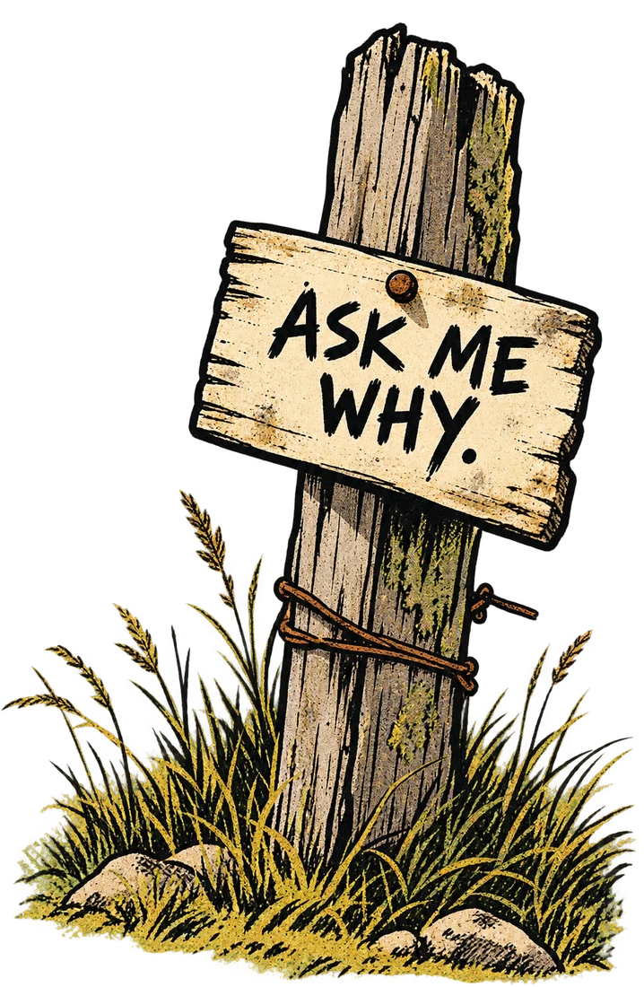 Illustration: a weathered fence post standing in tall grass, a hand-lettered wooden sign nailed to it reading “Ask me why.”