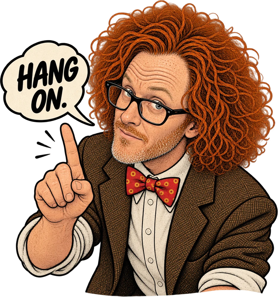Illustration: one finger raised, thinking “Hang on.”