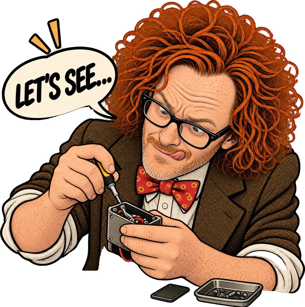 Illustration: a tiny screwdriver in a small box of wires, tongue out in concentration, thinking “Let’s see...”