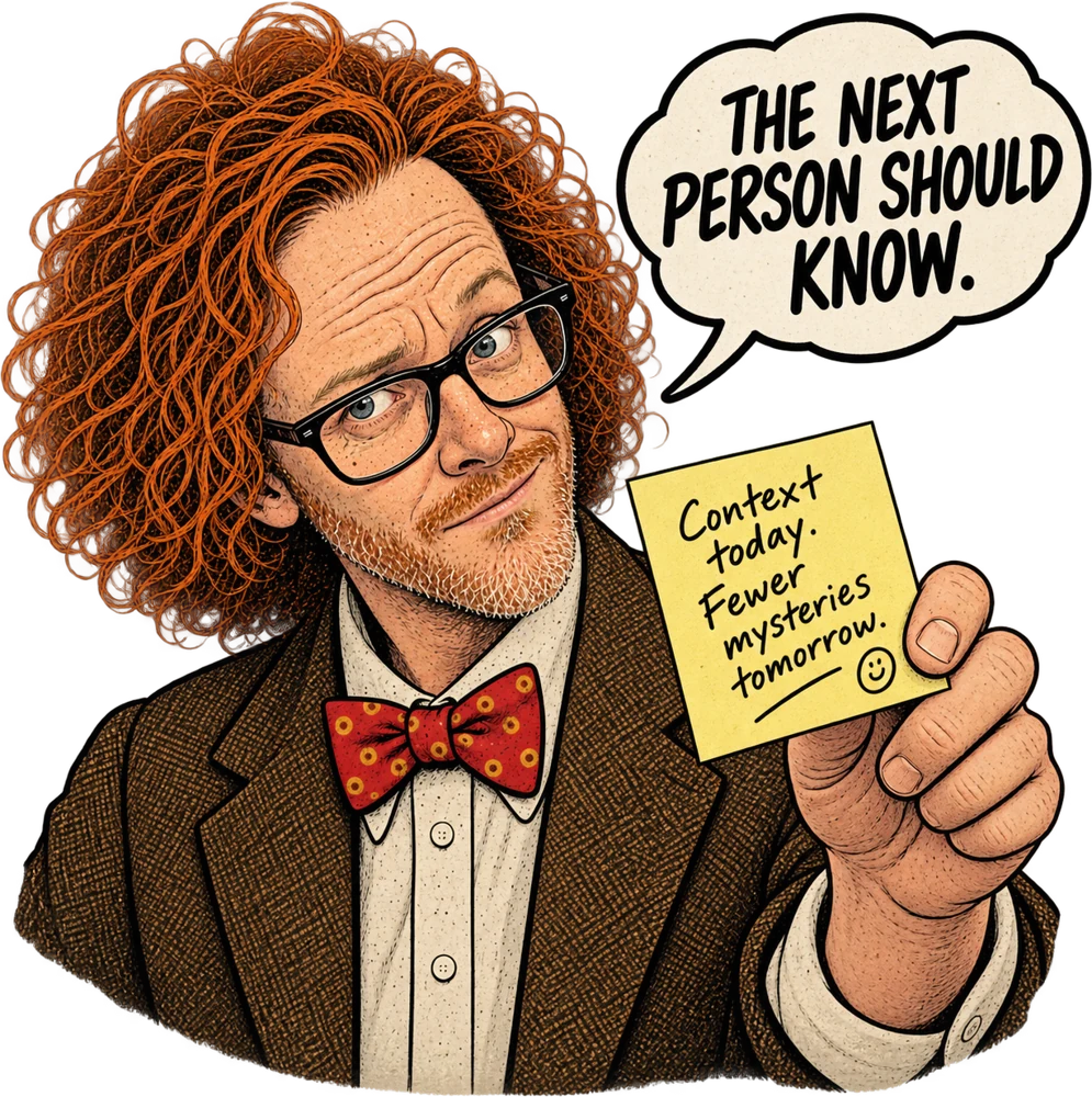 Illustration: holding out a sticky note that reads “Context today. Fewer mysteries tomorrow.”, thinking “The next person should know.”