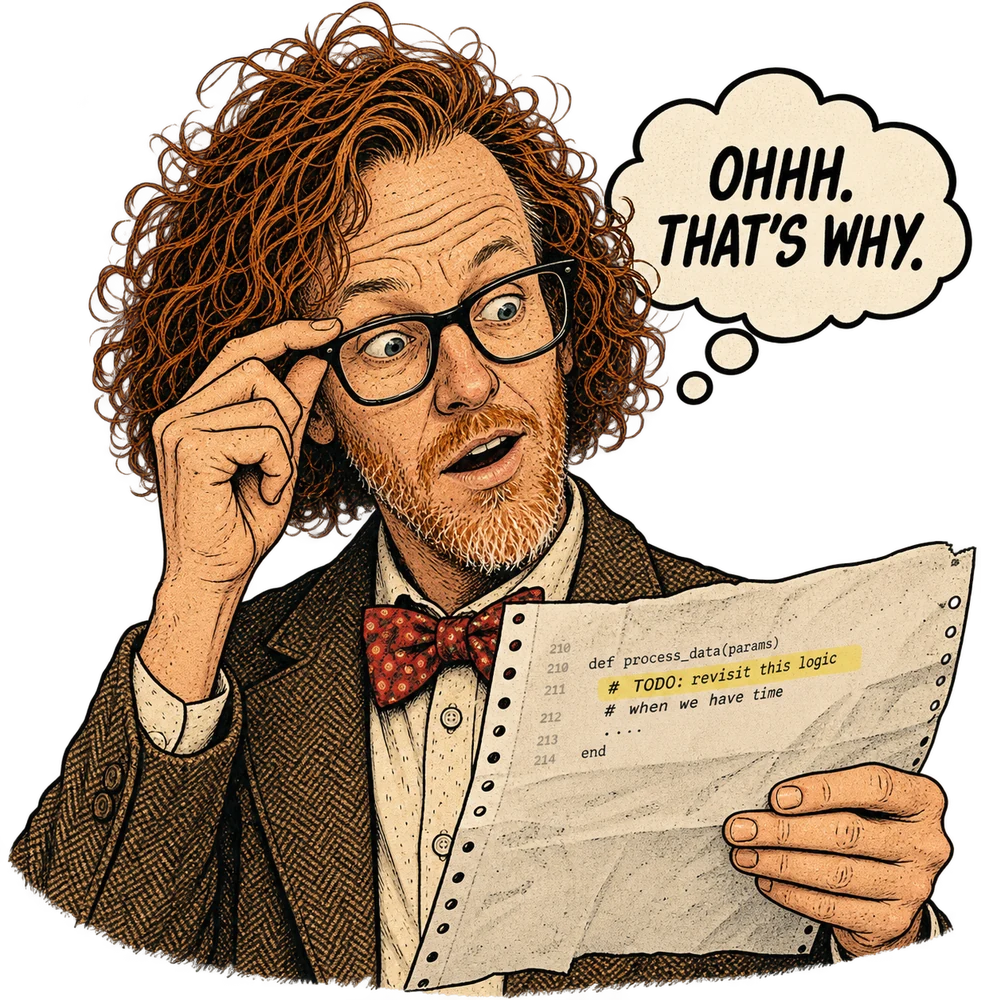 Illustration: adjusting my glasses while reading a TODO comment, thinking “Ohhh. That’s why.”